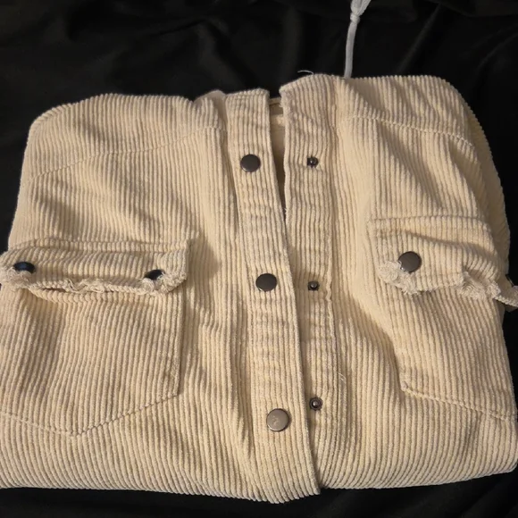 Cream Corduroy Jacket with Gray Hood - Picture 2 of 4
